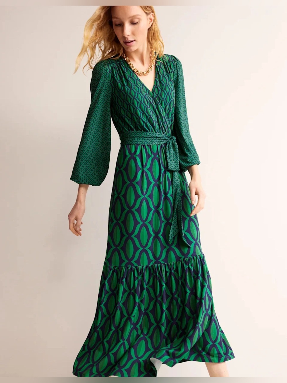 NEW Boden Jersey Wrap Long Sleeve Maxi Dress Green Geometric Print Size 6R